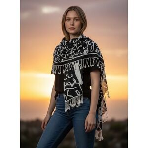 Pashmina Silk Blend Wrap Scarf Black White Abstract Scroll Fringed Shawl Large